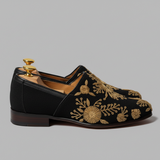 Black Velvet Tana Peshawari Hand Embroidered Zardozi Loafers | Wedding Shoes for Groom | Shoes for Haldi Mehendi Sangeet