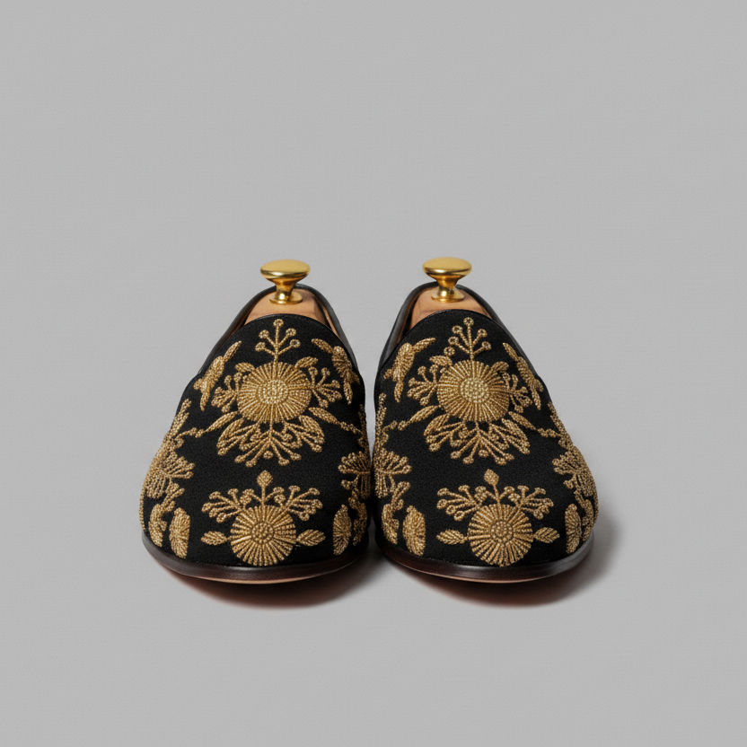 Black Velvet Tana Peshawari Hand Embroidered Zardozi Loafers | Wedding Shoes for Groom | Shoes for Haldi Mehendi Sangeet