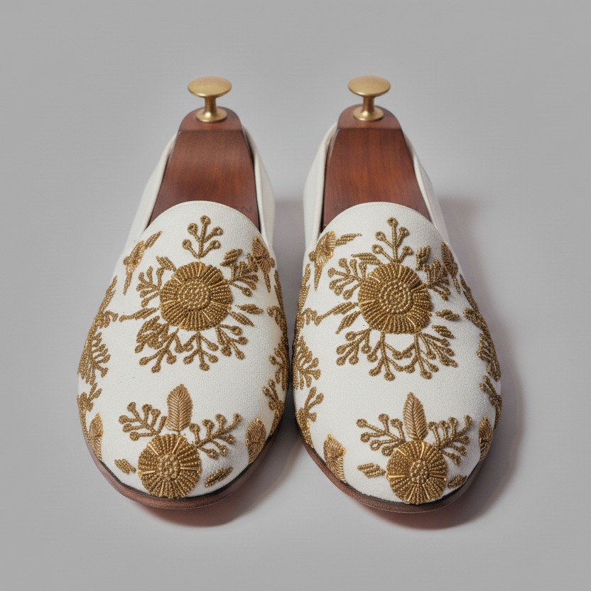 White Velvet Tana Peshawari Hand Embroidered Zardozi Loafers | Wedding Shoes for Groom | Shoes for Haldi Mehendi Sangeet