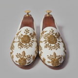 White Velvet Tana Peshawari Hand Embroidered Zardozi Loafers | Wedding Shoes for Groom | Shoes for Haldi Mehendi Sangeet