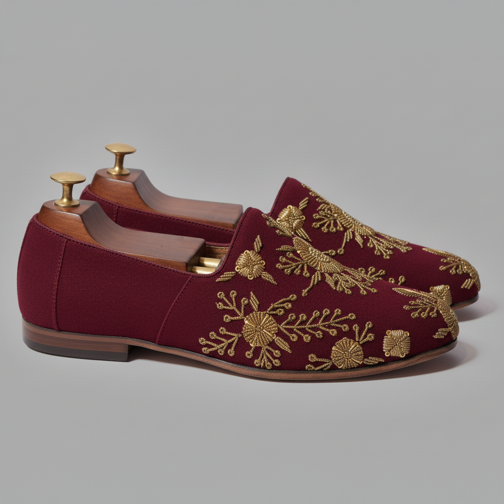 Burgundy Velvet Tana Peshawari Hand Embroidered Zardozi Loafers | Wedding Shoes for Groom | Shoes for Haldi Mehendi Sangeet