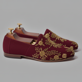 Burgundy Velvet Tana Peshawari Hand Embroidered Zardozi Loafers | Wedding Shoes for Groom | Shoes for Haldi Mehendi Sangeet