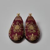 Burgundy Velvet Tana Peshawari Hand Embroidered Zardozi Loafers | Wedding Shoes for Groom | Shoes for Haldi Mehendi Sangeet