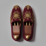 Burgundy Velvet Tana Peshawari Hand Embroidered Zardozi Loafers | Wedding Shoes for Groom | Shoes for Haldi Mehendi Sangeet