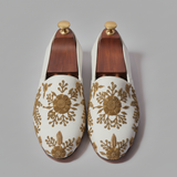 White Velvet Tana Peshawari Hand Embroidered Zardozi Loafers | Wedding Shoes for Groom | Shoes for Haldi Mehendi Sangeet