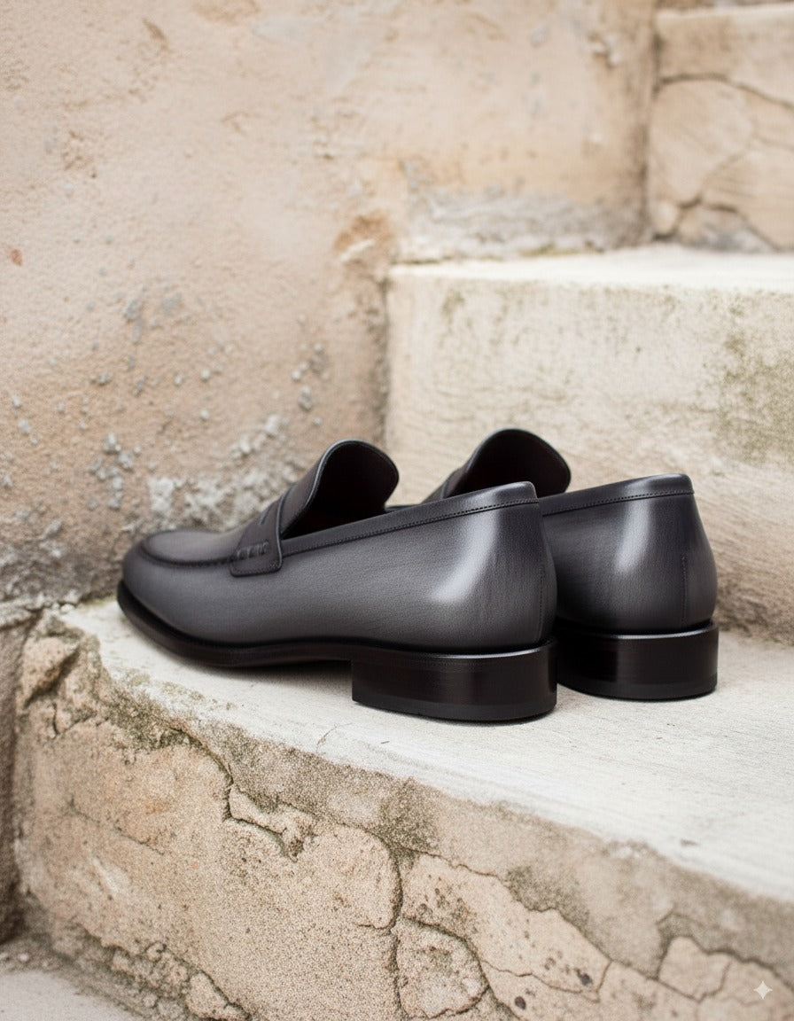Grey Leather Penrith Slip On Penny Loafers