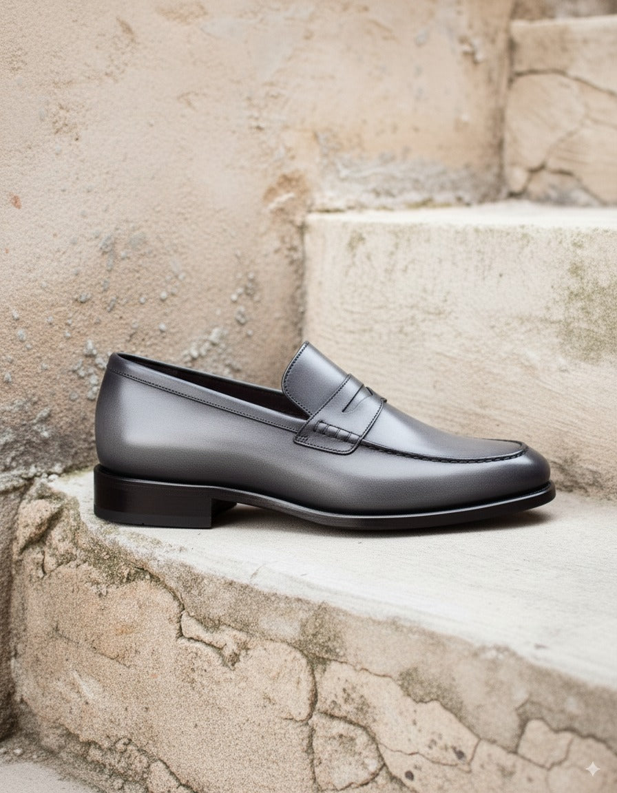 Grey Leather Penrith Slip On Penny Loafers