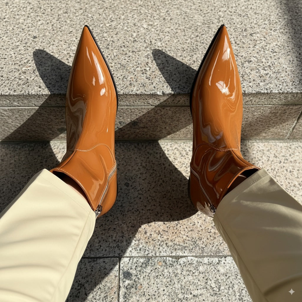 Tan Shiny Patent Leather Fulgenzio Slip-On Pointed Zipper Boots