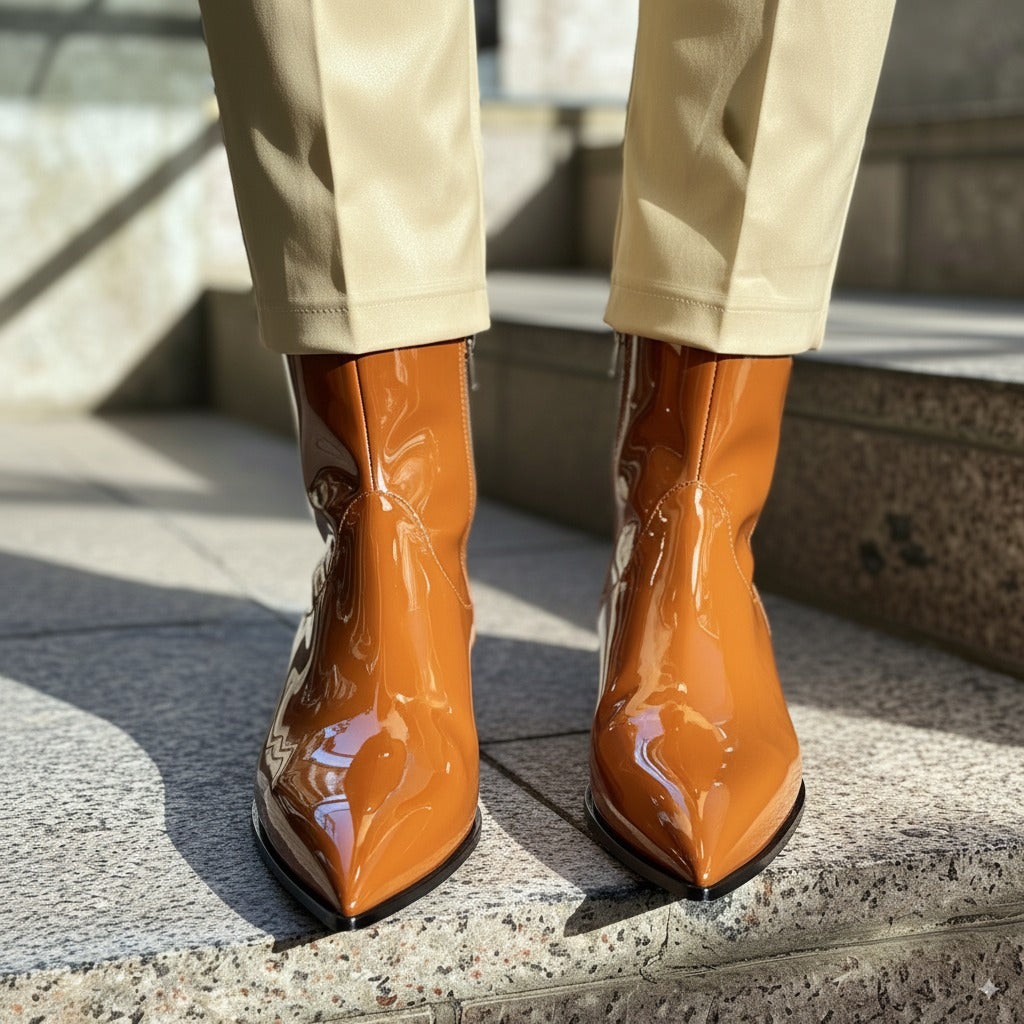 Tan Shiny Patent Leather Fulgenzio Slip-On Pointed Zipper Boots