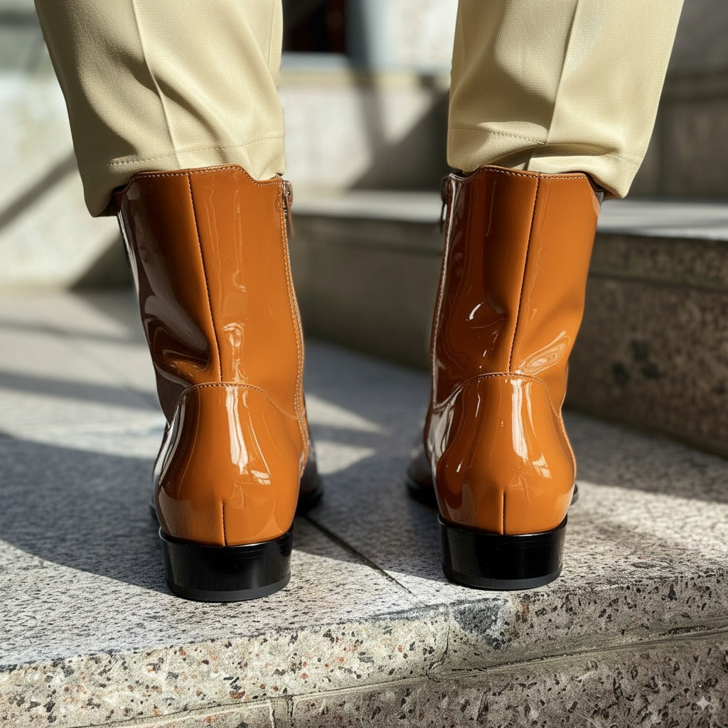 Tan Shiny Patent Leather Fulgenzio Slip-On Pointed Zipper Boots