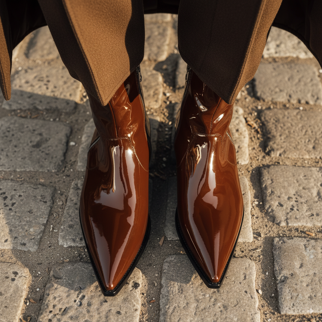 Brown Patent Leather Gedeone Slip-On Pointed Zipper Boots