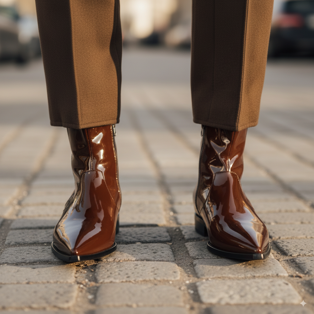 Brown Patent Leather Gedeone Slip-On Pointed Zipper Boots
