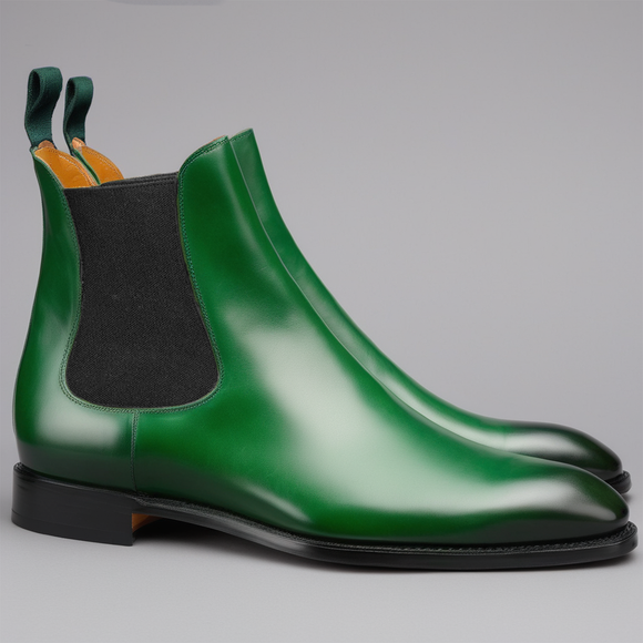 Flat Feet Shoes Green Leather Fenland Slip On Chelsea Boots with Arc Costoso Italiano