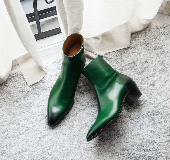 Green Leather Fiorina Slip On Zipper Pointed Boots for Men - AW24