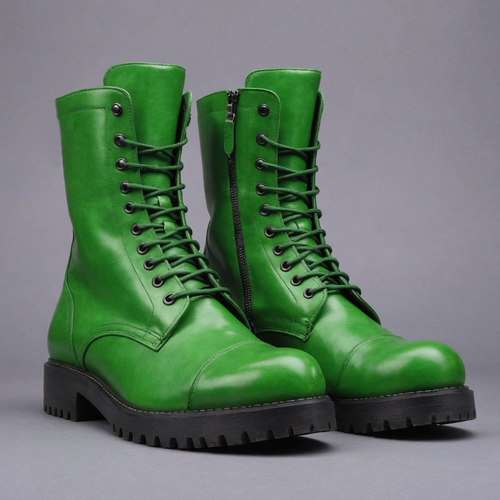 Green Leather Oriella Lace Up Chunky Derby Boots with Zipper and Track Sole - AW24 - Hiking and Trekking Boots