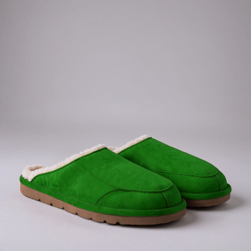 Green Suede Leather Eliana Fur Lined Slippers