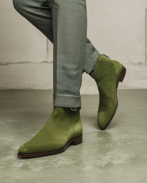 Green Suede Leather Amarante Slip On Jodhpur Boots