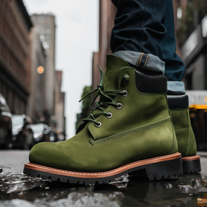 Green Suede Leather Appoggio Ankle Rugged Lace Up Combat Hiking Boots with Chunky Track Sole