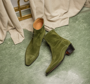 Green Suede Leather Lazzer Slip On Zipper Pointed Boots