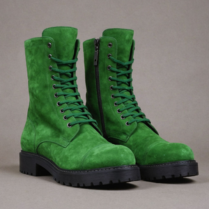 Green Suede Leather Oriella Lace Up Chunky Derby Boots with Zipper and Track Sole - AW24 - Hiking and Trekking Boots