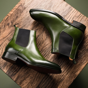 Handmade Italian Leather Chelsea Boots For Men – Green, Cowhide, Slip-On Ankle Boots
