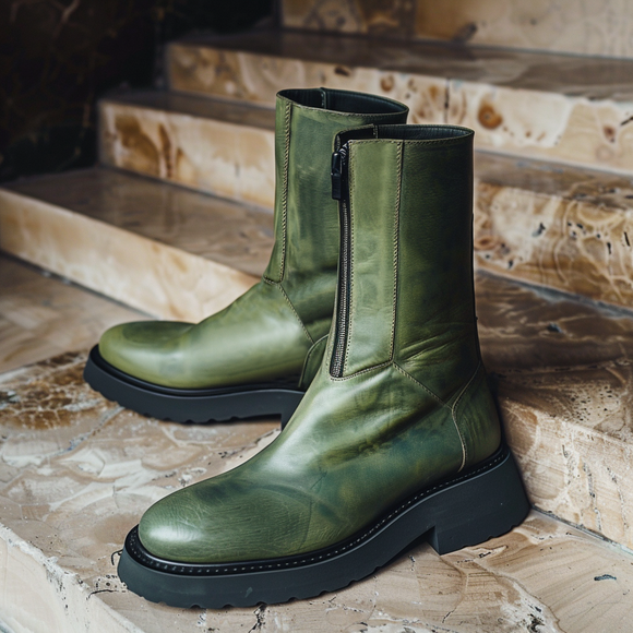 Green Leather Attilio Slip On Zipper Western Cowboy Boots