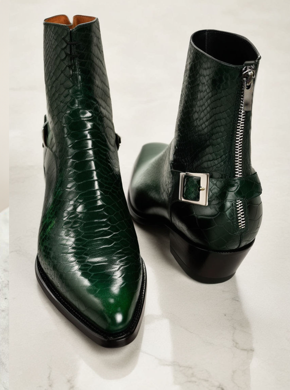 Green Leather Fiorina Slip On Zipper Pointed Boots for Men - AW24