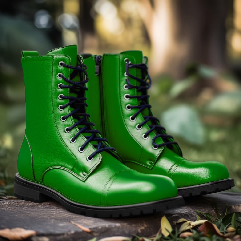 Green Leather Belinda Chunky Hiking Combat Lace Up Zipper Boots