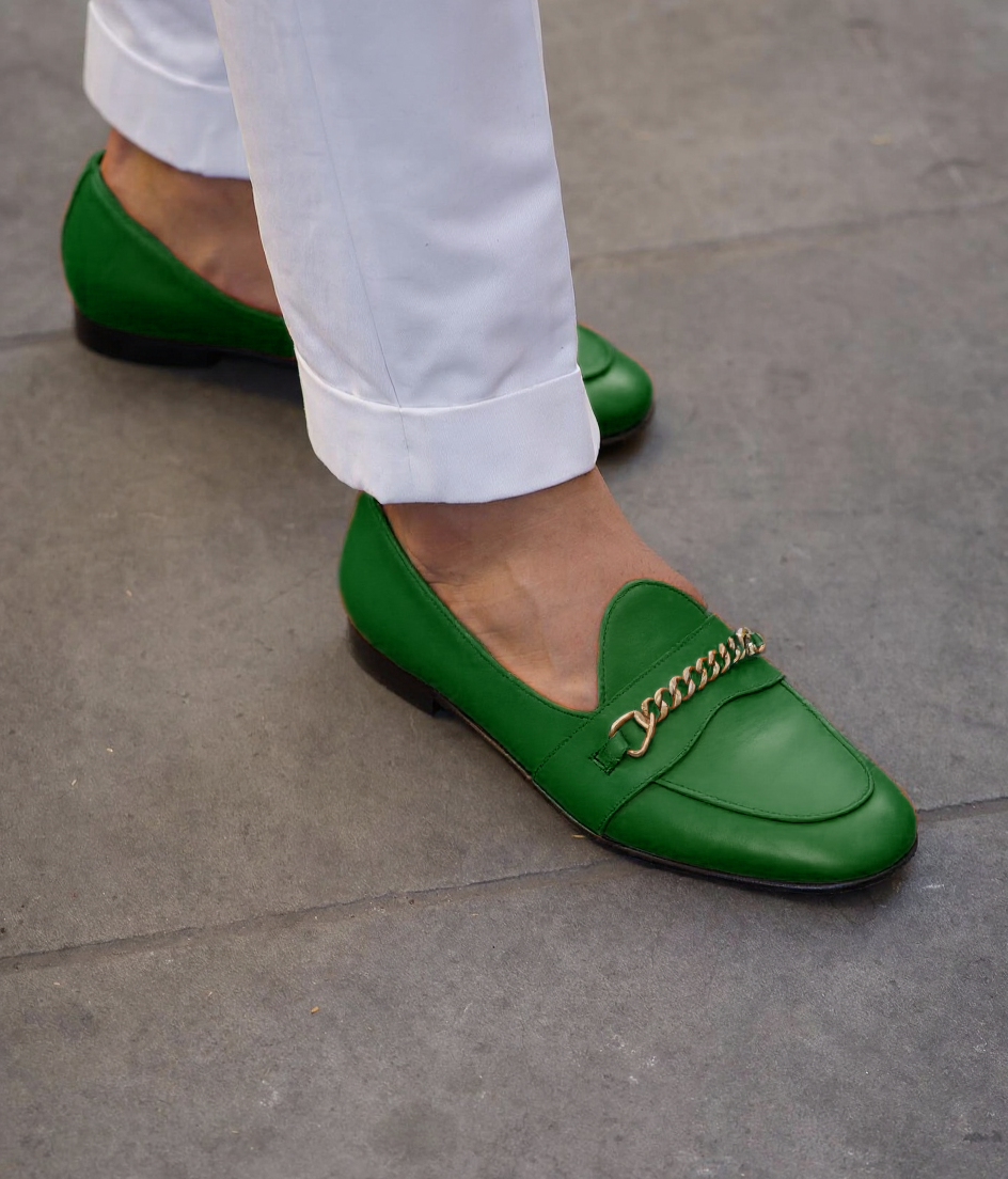 Green Leather Guida Loafers With Chain