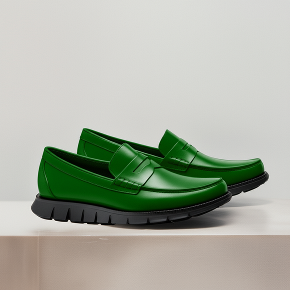 Green Leather Evarado Penny Loafers with Black Hybrid Sole - SS23