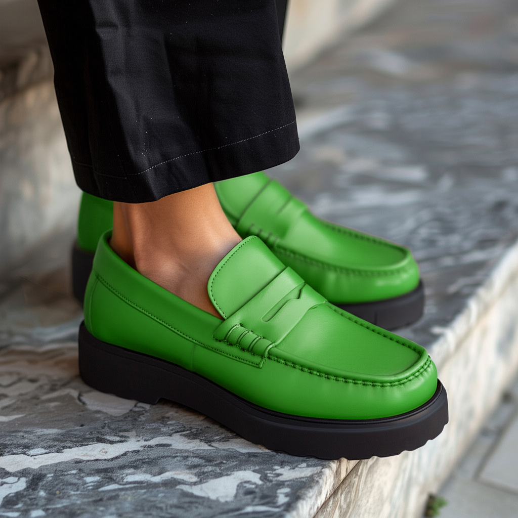 Green Leather Aristide With Thick Sole Loafers