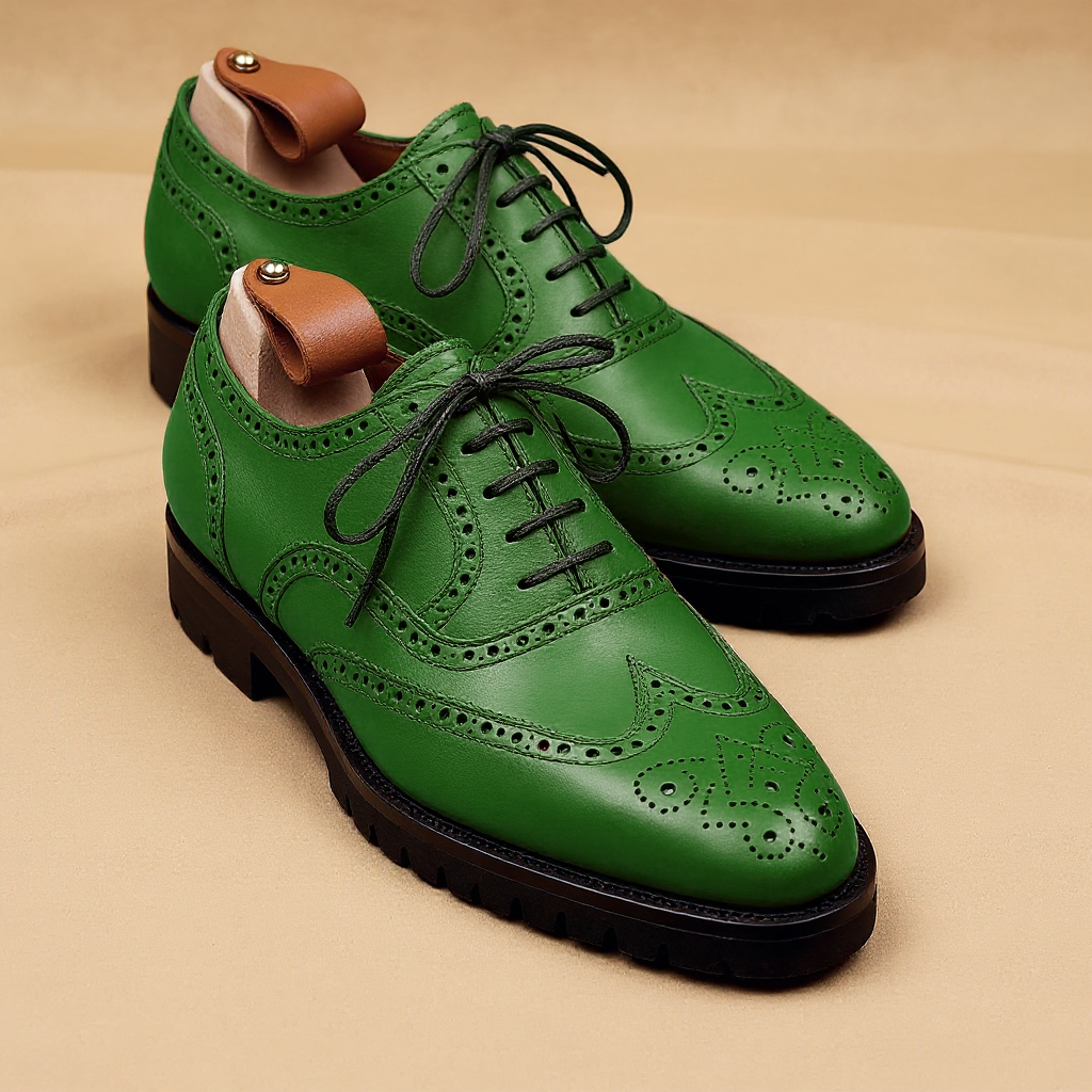 Green Leather Rene Brogue Chunky Oxfords Shoes WORK EDITION