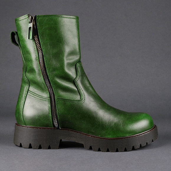 Green Leather Massimiliano With Thick Sole Zipper Boots