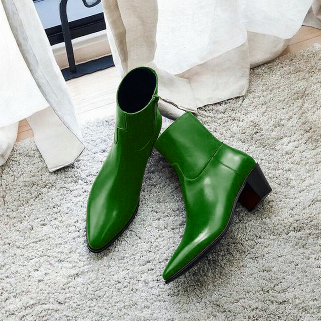 Green Leather Fiorina Slip On Zipper Pointed Boots for Men - AW24