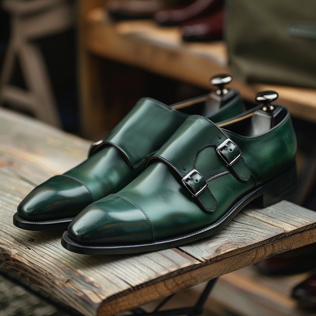 Green Leather Giulio Monk Straps