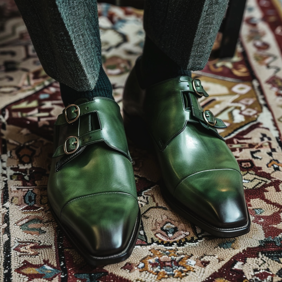 Green Leather Gennaro Monk Straps