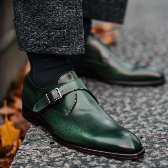 Green Leather Gaspare Monk Straps