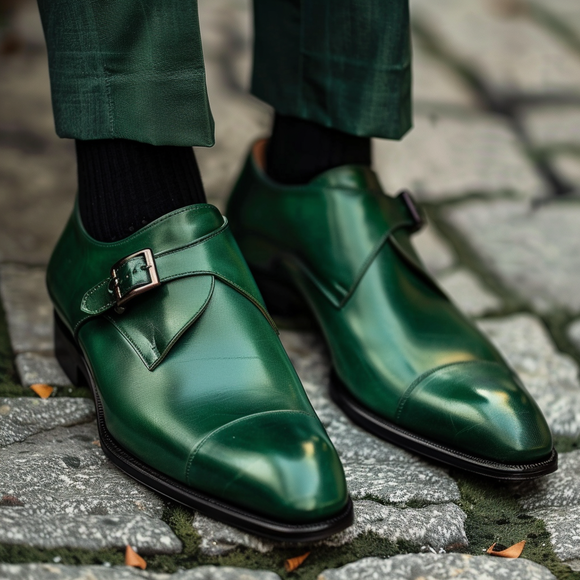 Dark Green Leather Fortunato Monk Straps