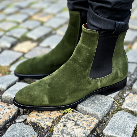 Green Amato Suede Slip On Chelsea Boots