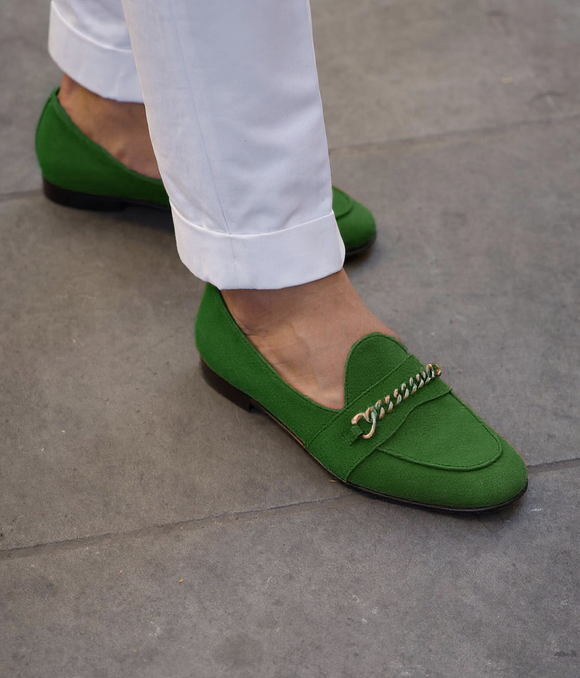 Green  Suede Leather Guida Loafers With Chain