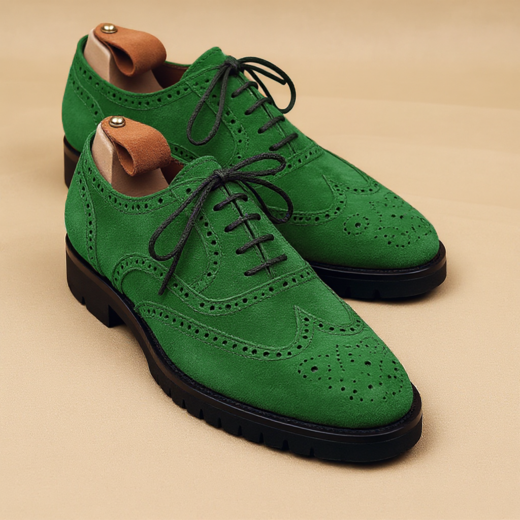 Green Suede Leather Rene Brogue Chunky Oxfords Shoes WORK EDITION