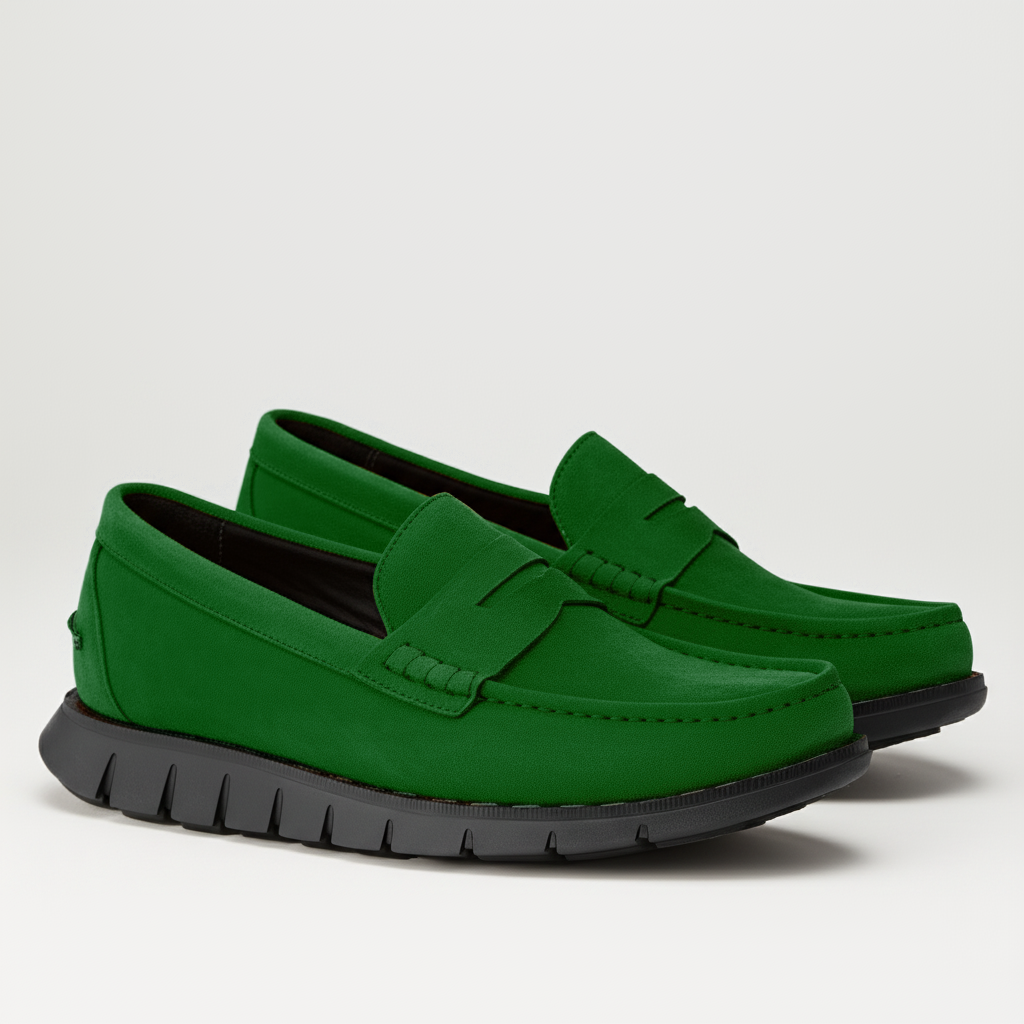 Green Suede Leather Evarado Penny Loafers with Black Hybrid Sole - SS23