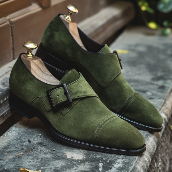 Green Leather and Suede Bernardino Monk Straps