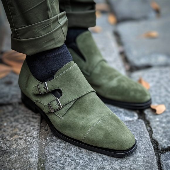 Green Leather and Suede Bortolo Monk Straps