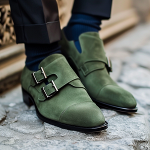 Green Leather and Suede Bortolo Monk Straps