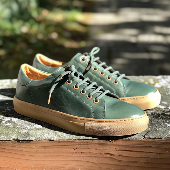 Green Leather Renato Lace-Up Sneakers With Honey Colour Sole