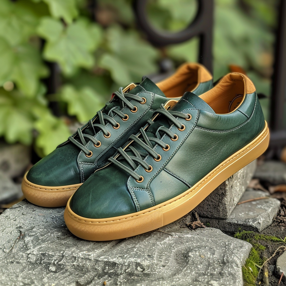 Green Leather Rodolfo Lace-Up Sneakers With Honey Colour Sole