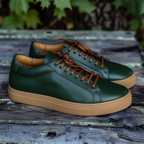 Green Leather Rocco Lace-Up Sneakers With Honey Colour Sole