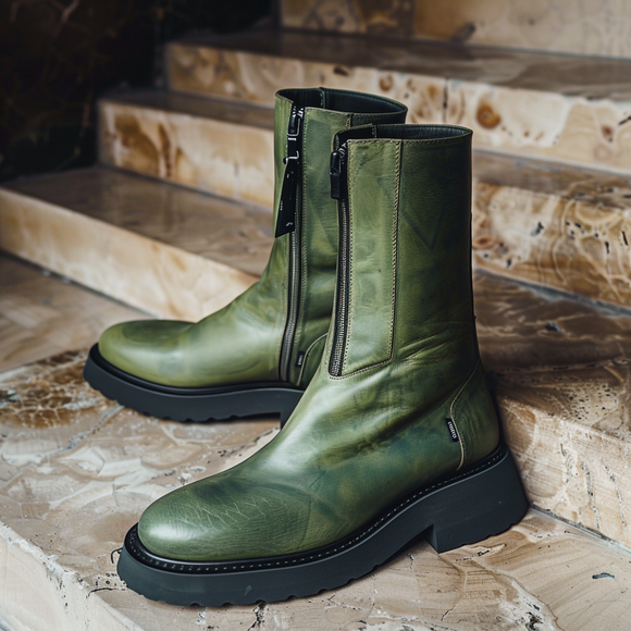 Green Leather Attilio Slip On Zipper Western Cowboy Boots