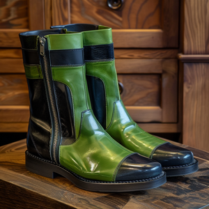 Green & Black Leather Amedeo Slip On Zipper Western Cowboy Boots